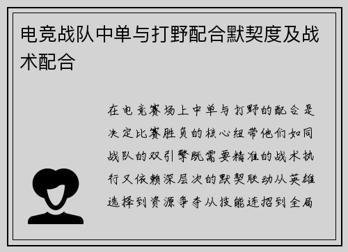 电竞战队中单与打野配合默契度及战术配合